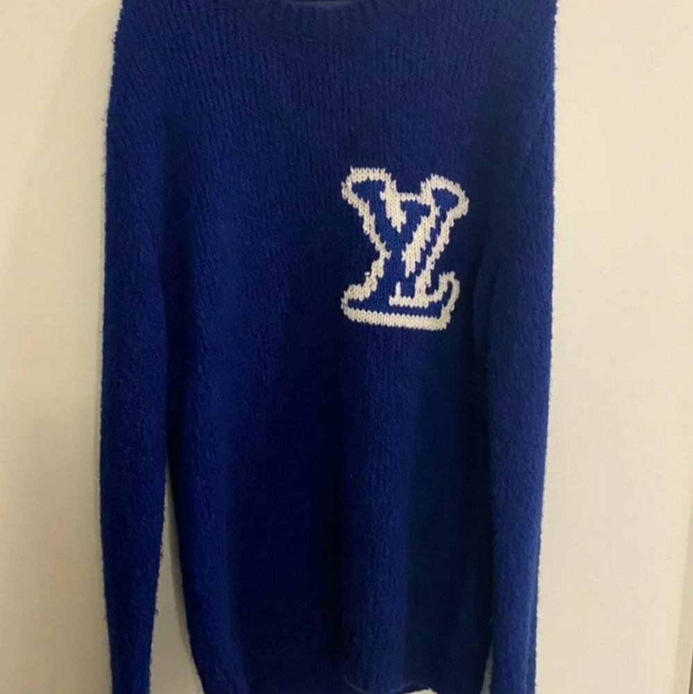 Auth Louis Vuitton Intarsia Blue Pullover Sweater